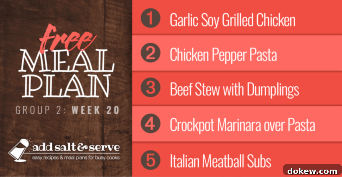 Group Two's Week Twenty Menu 2 A vibrant collage showing all the delicious recipes included in the Week 20 meal plan, featuring grilled chicken, pasta, beef stew, and meatball subs.