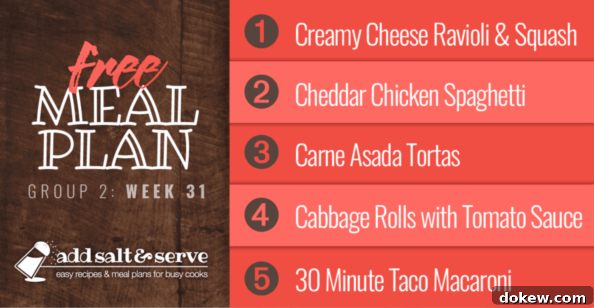 A curated list of delicious and easy recipes for Week 31 Group 2 meal plan, featuring images of creamy ravioli, chicken spaghetti, carne asada tortas, cabbage rolls, and taco macaroni.