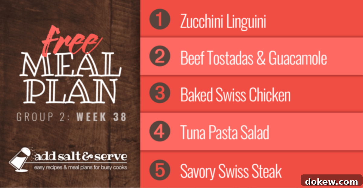 List of recipes in meal plan for week 38 (Group 2), featuring various cooked dishes like Zucchini Linguine, Beef Tostadas, Baked Swiss Chicken, Tuna Pasta Salad, and Savory Swiss Steak.