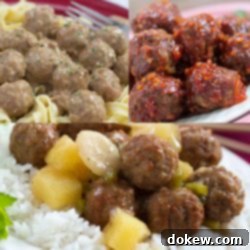 Generous Batch Meatballs 2 Top left photo is meatballs with egg noodles. Top right photo is meatballs with a red glaze. Bottom photo is meatballs with pineapple chunks and sliced water chestnuts on a bed of rice.