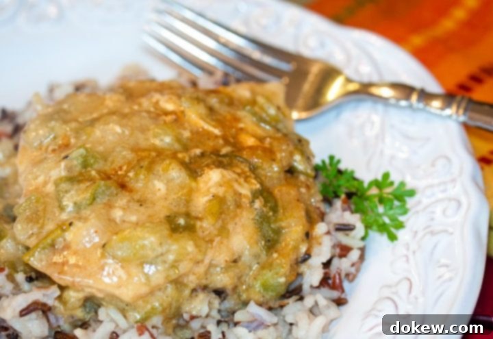 Creole Chicken Chicken with chili cream sauce on a bed of rice on a white plate. There is a fork at the top of the plate.