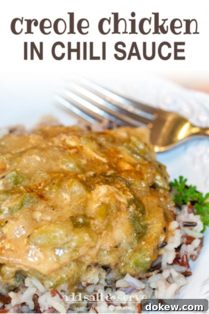 Creole Chicken Chicken with chili cream sauce on a bed of rice on a white plate. There is a fork at the top of the plate. Text creole chicken in chili sauce add salt & serve former menus4moms