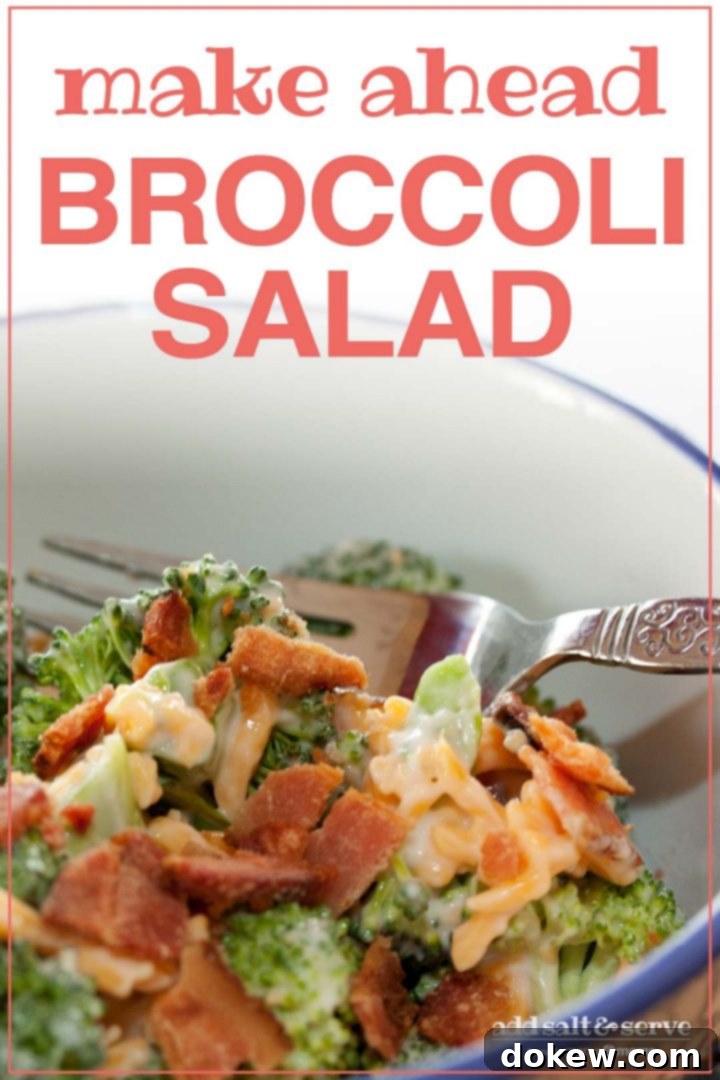 Fresh & Creamy Broccoli Crunch 3 Broccoli, shredded cheddar cheese, bacon bits, and mayonnaise in a bowl with a fork; text Make Ahead Broccoli Salad Add Salt & Serve formerly Menus4Moms
