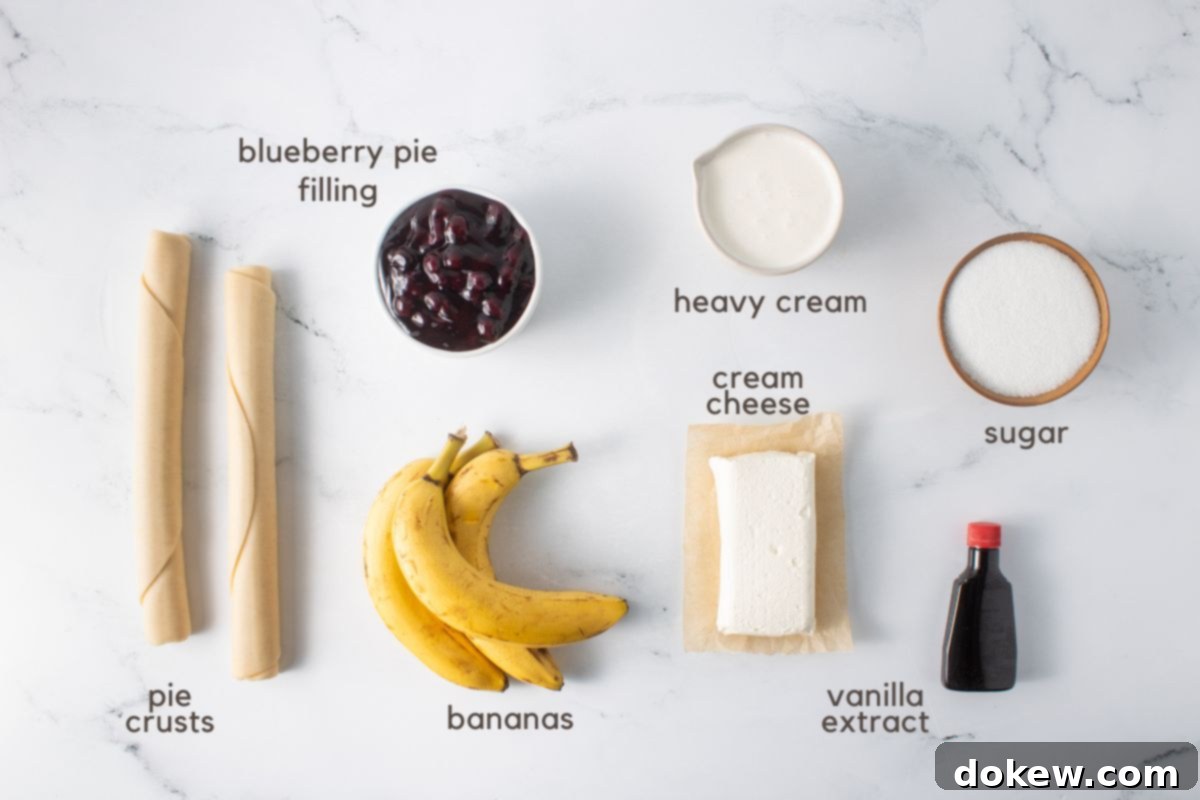 Blueberry Banana Cheesecake Pie 3 Ingredients for Banana Blueberry Pie with Cream Cheese: 2 refrigerated pie crusts, blueberry pie filling, bananas, heavy cream, cream cheese, vanilla extract, and sugar.