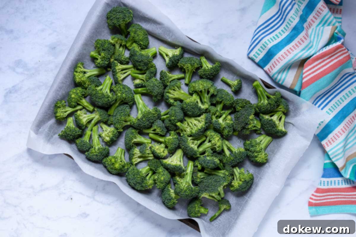 Crispy Garlic Roasted Broccoli 6 Freshly chopped broccoli florets are neatly spread in a single layer across a baking sheet lined with parchment paper, ready for seasoning.