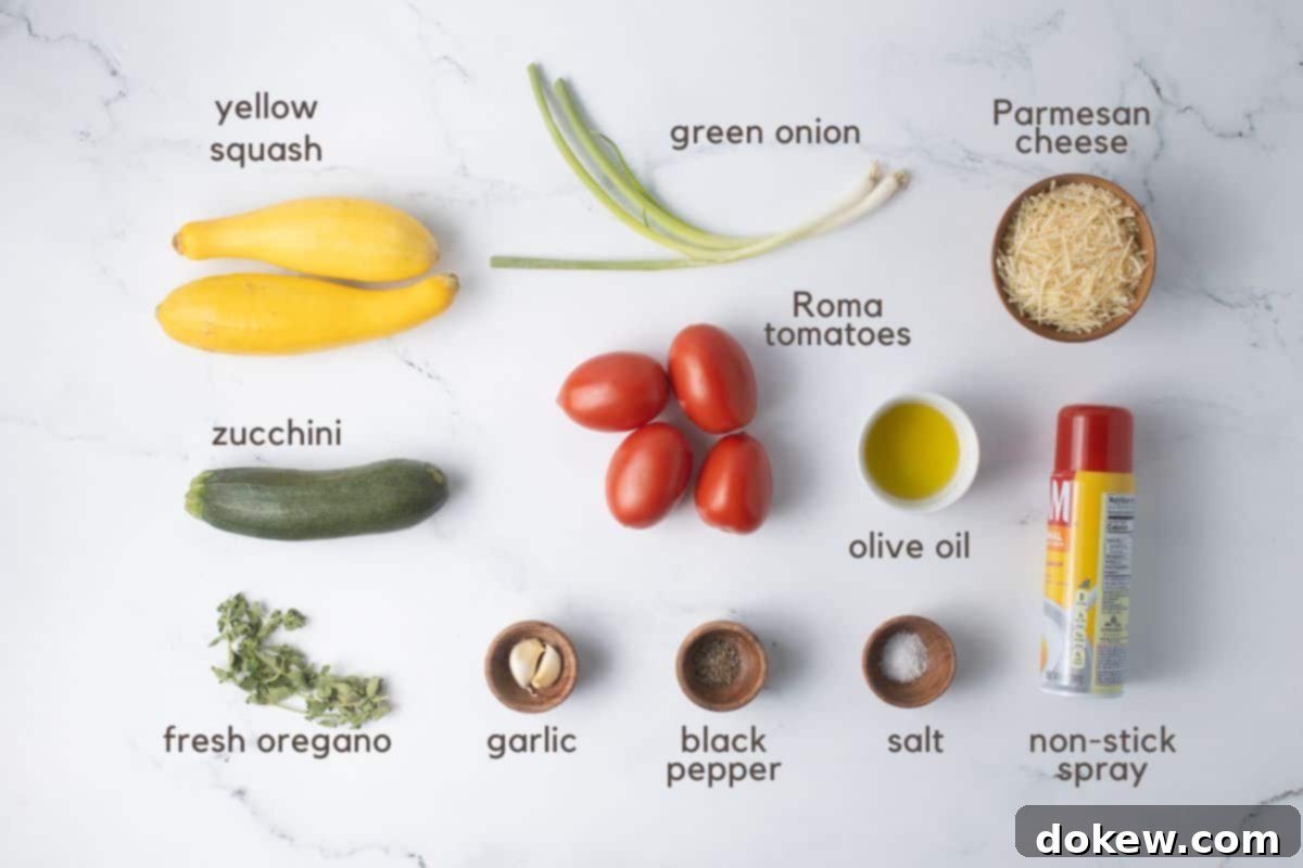 Rustic Tomato and Squash Bake 3 Ingredients for Tomato and Squash Casserole: yellow squash, zucchini, green onion, roma tomatoes, Parmesan cheese, olive oil, non-stick spray, fresh oregano, garlic, black pepper, and salt laid out on a wooden board.