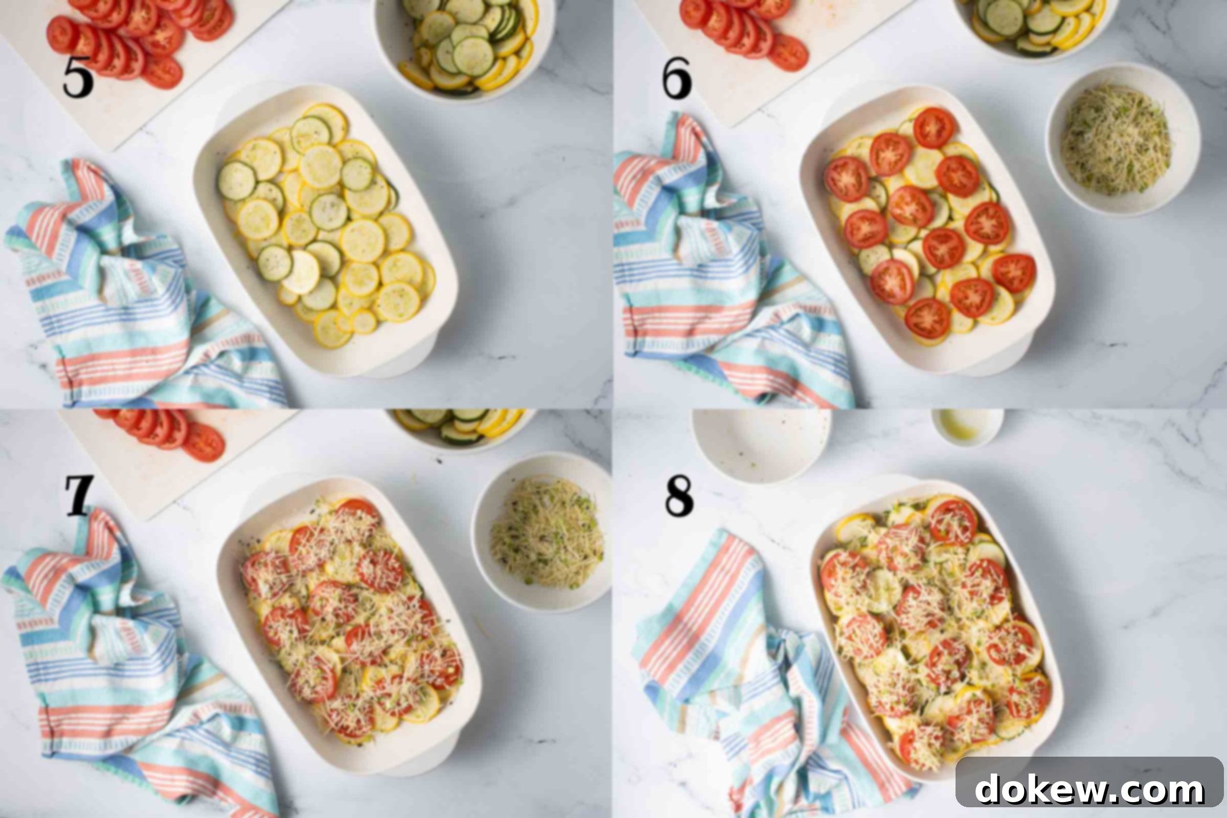Rustic Tomato and Squash Bake 5 Numbered composite image: 5 - layer of sliced zucchini and yellow squash in a baking dish; 6 - same baking dish after adding a layer of sliced tomatoes; 7 - same dish after adding a layer of cheese and herb mixture; 8 - dish after repeating all of the previous layers.