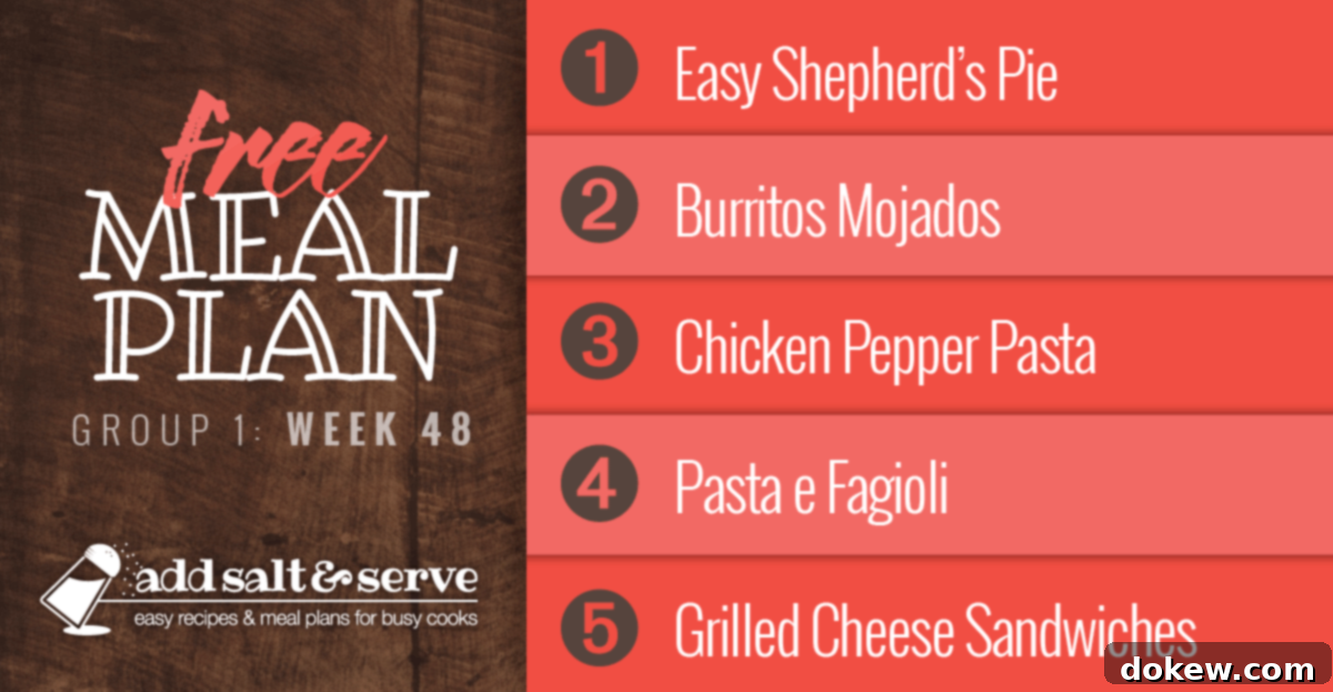Group 1's Culinary Agenda: Week 48 2 Free Meal Plan for Week 48 (Group 1): Easy Shepherd's Pie, Burritos Mojados, Chicken Pepper Pasta, Pasta e Fagioli, Grilled Cheese Sandwiches - Your Weekly Meal Prep Guide
