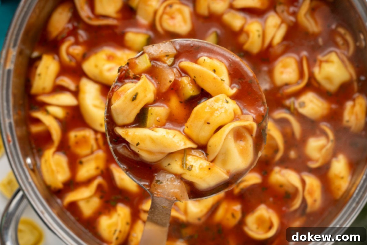 Garden Zucchini Tortellini Pot 2 A vibrant bowl of Tomato Zucchini Soup with tortellini, garnished with fresh herbs, in a rustic pot.