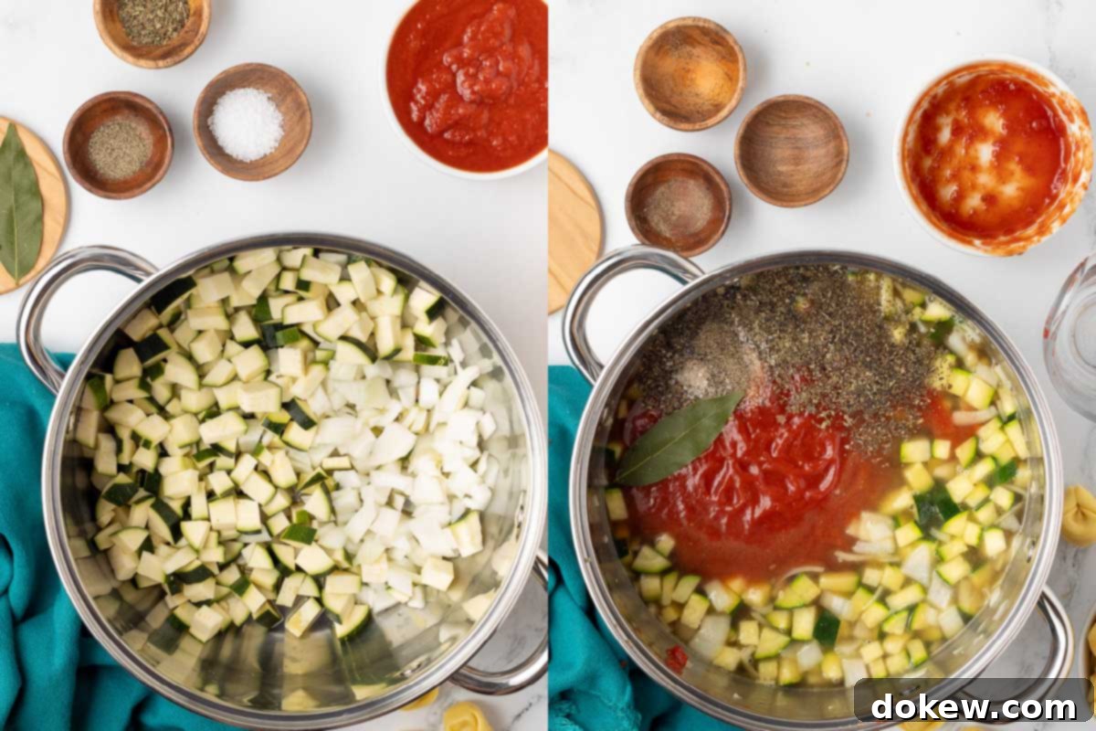 Garden Zucchini Tortellini Pot 4 Composite image showing the initial stages of soup preparation: on the left, chopped zucchini, onions, and herbs in a pot; on the right, crushed tomatoes, broth, and more herbs added to the mixture.