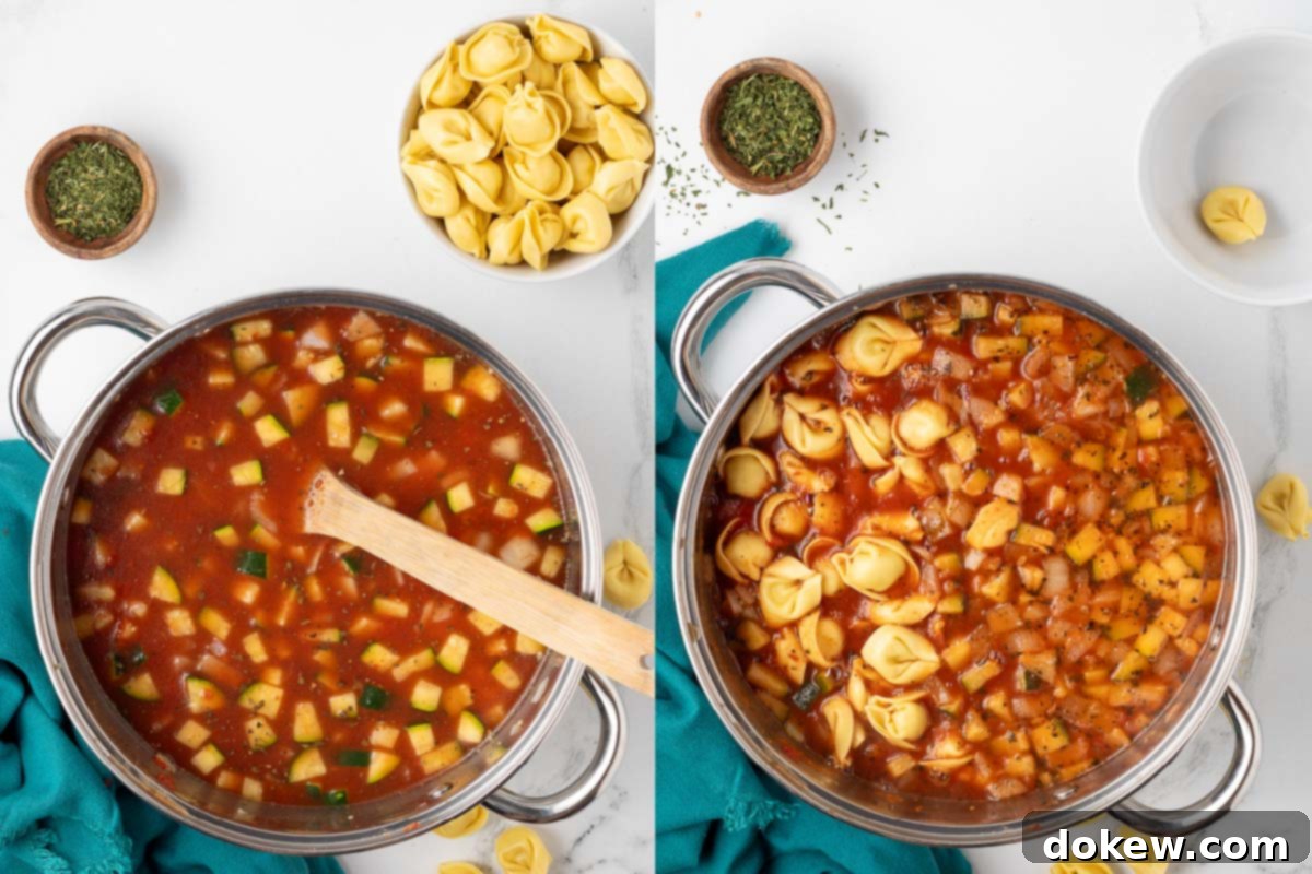 Garden Zucchini Tortellini Pot 5 Composite image of the soup cooking process: left shows the rich tomato broth with vegetables, and right shows the tortellini added to the simmering soup.