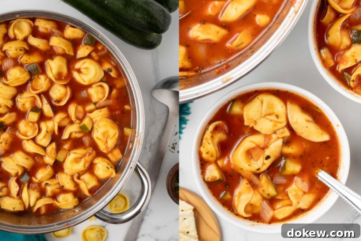 Garden Zucchini Tortellini Pot 6 Composite image of the finished soup: left shows the cooked tomato zucchini soup with tortellini in the pot; right shows a delicious serving of the soup in a bowl with a spoon.