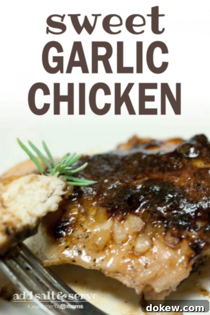 Sweet Garlic Chicken Chicken breast covered in a brown sugar sauce on a white plate. There is a fork holding a small piece of chicken; text sweet garlic chicken add salt & serve formerly menus4moms
