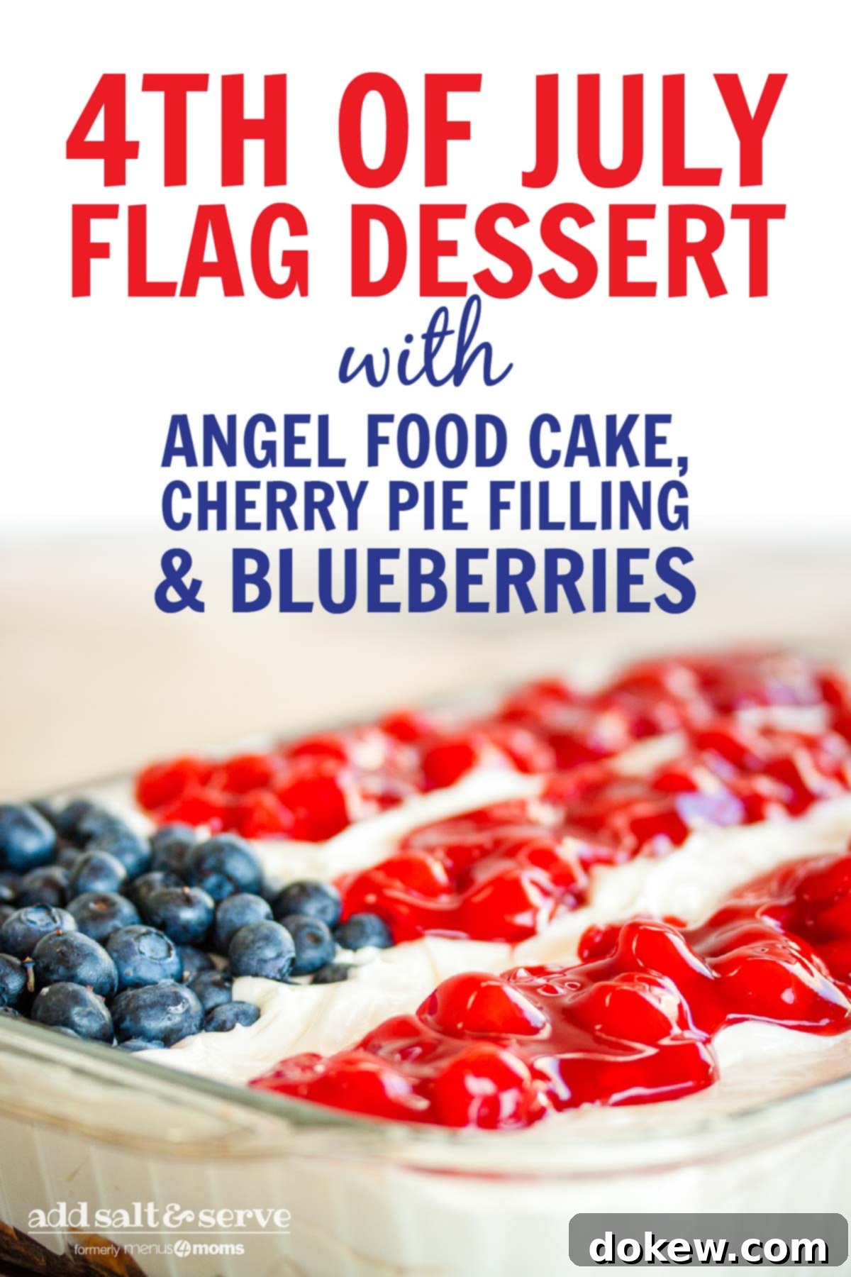 July 4th Star-Spangled Cake 3 Fluffy white whipped cream mix over crumbled angel food cake topped with blueberies and cherry pie filling in the design of an American flag in a 9x12 glass pan; text 4th of July Flag Dessert with Angel Food Cake, Cherry Pie Filling & Blueberries - Add Salt & Serve logo