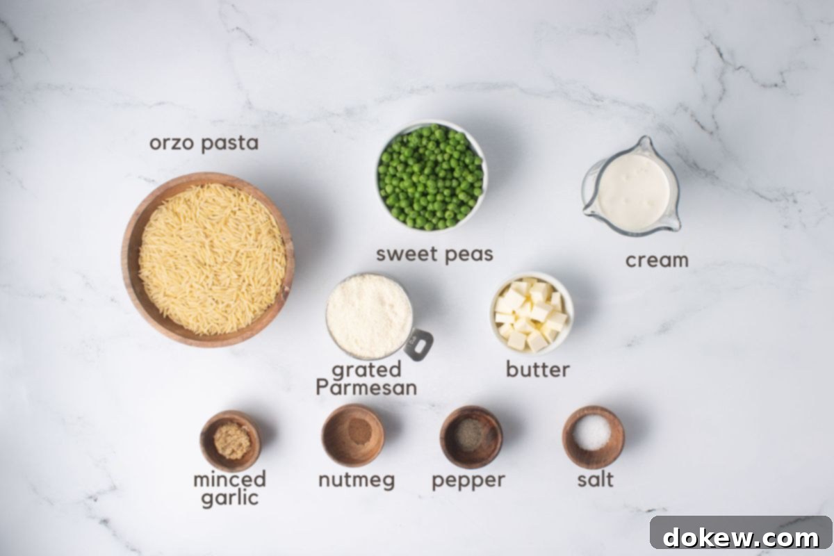 Velvety Orzo Alfredo 3 A flat lay image showing all ingredients for Orzo Alfredo: orzo, peas, cream, butter, minced garlic, grated Parmesan cheese, salt, pepper, and nutmeg, on a rustic wooden surface.