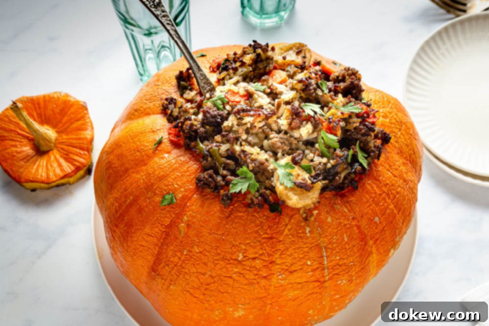 Ground beef and rice dinner baked inside a pumpkin, ready to serve