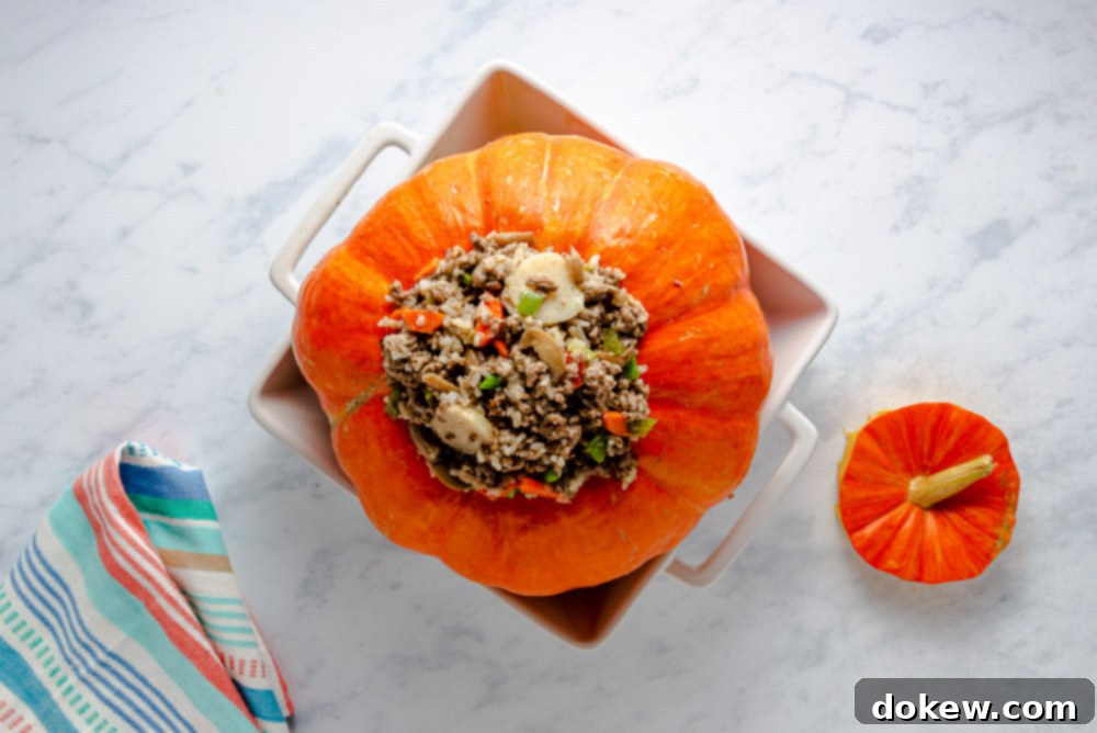 The Great Pumpkin Supper 6 Pumpkin filled with ground beef and rice mixture, placed on a baking dish