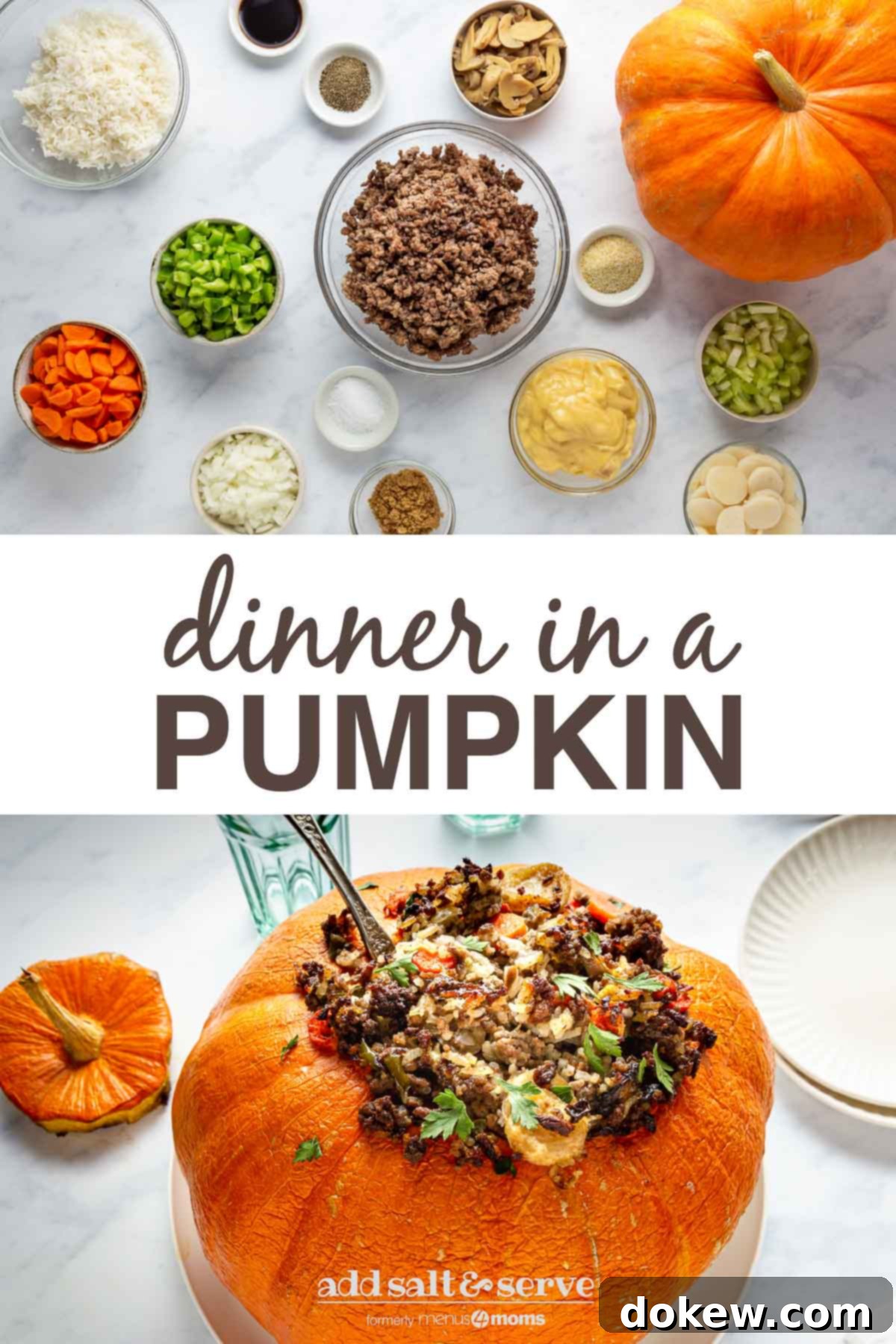 The Great Pumpkin Supper 9 Ground beef and rice dinner in a pumpkin, ready for Pinterest