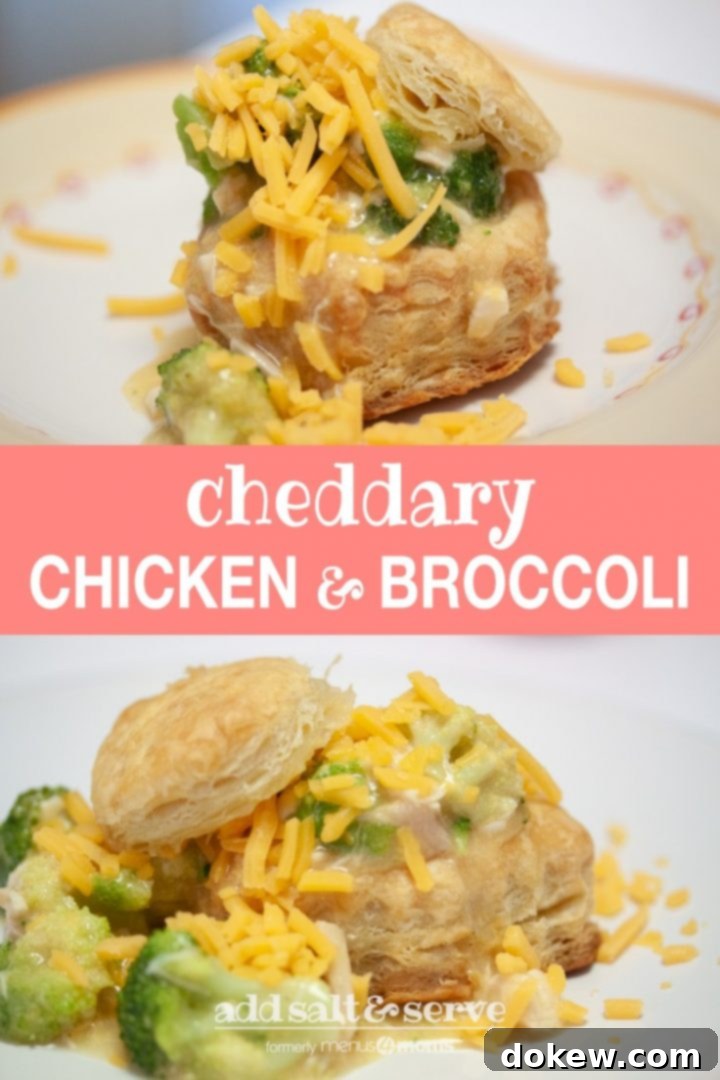 Cheddary Chicken and Broccoli Puff pastry with creamy broccoli, chicken, and shredded cheddar cheese on a white plate; text overlay reads 'Cheddary Chicken and Broccoli Add Salt & Serve'