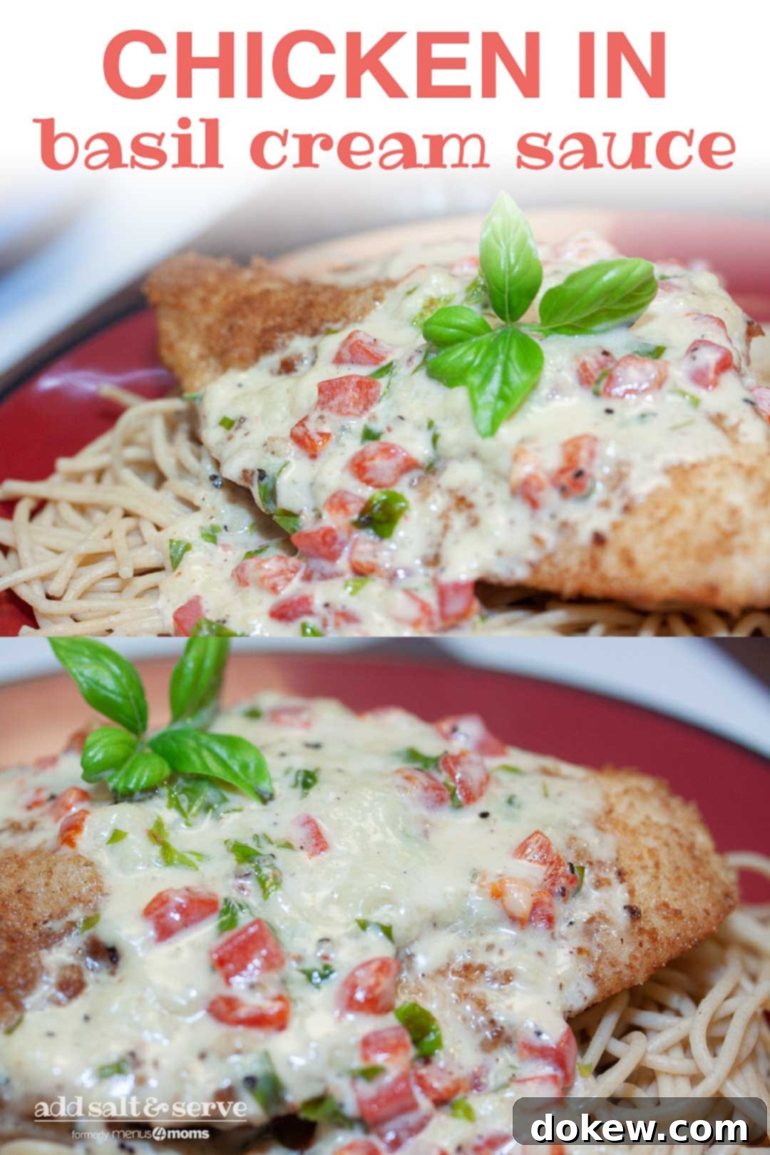 Creamy Basil Chicken 3 breaded cooked chicken breast smothered in a cream sauce with basil and red peppers; text Chicken in Basil Cream Sauce