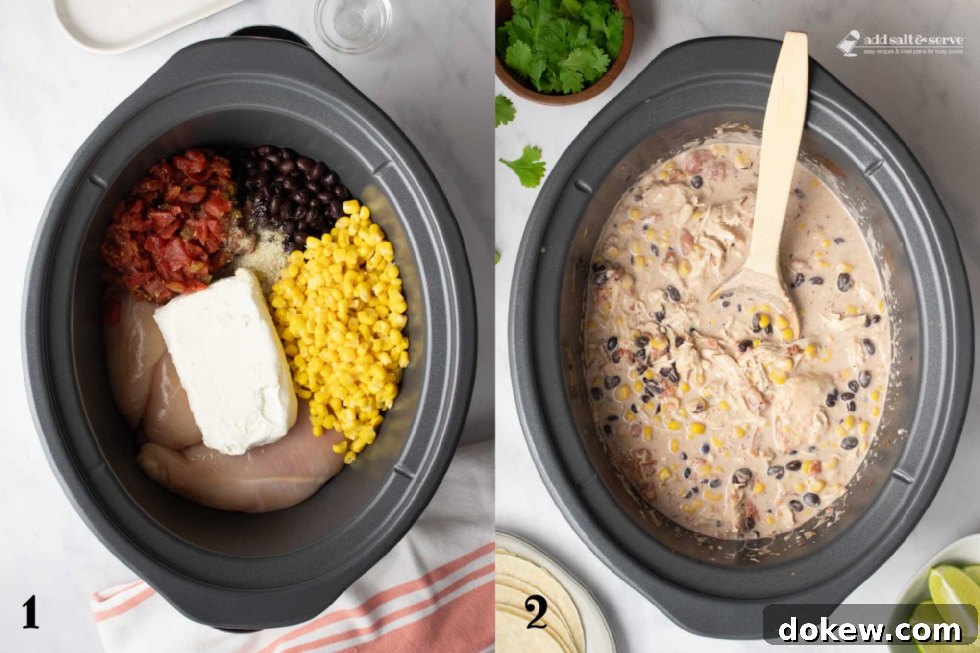 Easy Slow Cooker Fiesta Chicken 4 Composite image - left is numbered 1 and shows ingredients for crockpot fiesta chicken: boneless, skinless chicken breasts, black beans, corn kernels, diced tomatoes and green chilies, cream cheese, and garlic salt; right is numbered 2 and shows a crock pot with cooked chicken in creamy sauce with black beans, corn, and tomatoes.