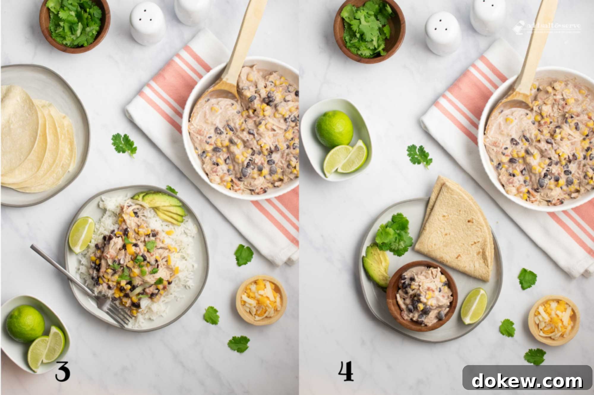 Easy Slow Cooker Fiesta Chicken 5 Composite image: left is numbered 3 and shows a plate of shredded chicken in a creamy sauce with black beans, corn, tomatoes, and green chilies served over rice and garnished with sliced avocado, shredded cheese, fresh cilantro, and lime wedges; right is numbered 4 and shows the same chicken sauce but in a small bowl served with a flour tortilla, sliced avocado, fresh cilantro, a lime wedge, and shredded cheese.