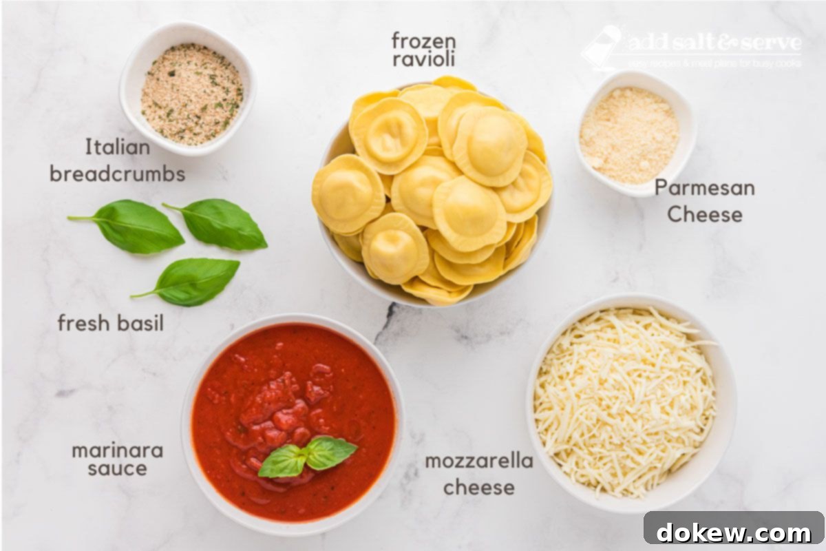 Skip The Boil Baked Frozen Ravioli 3 Ingredients for Baked Frozen Ravioli: frozen ravioli, Italian breadcrumbs, Parmesan cheese, marinara sauce, mozzarella cheese, and fresh basil.