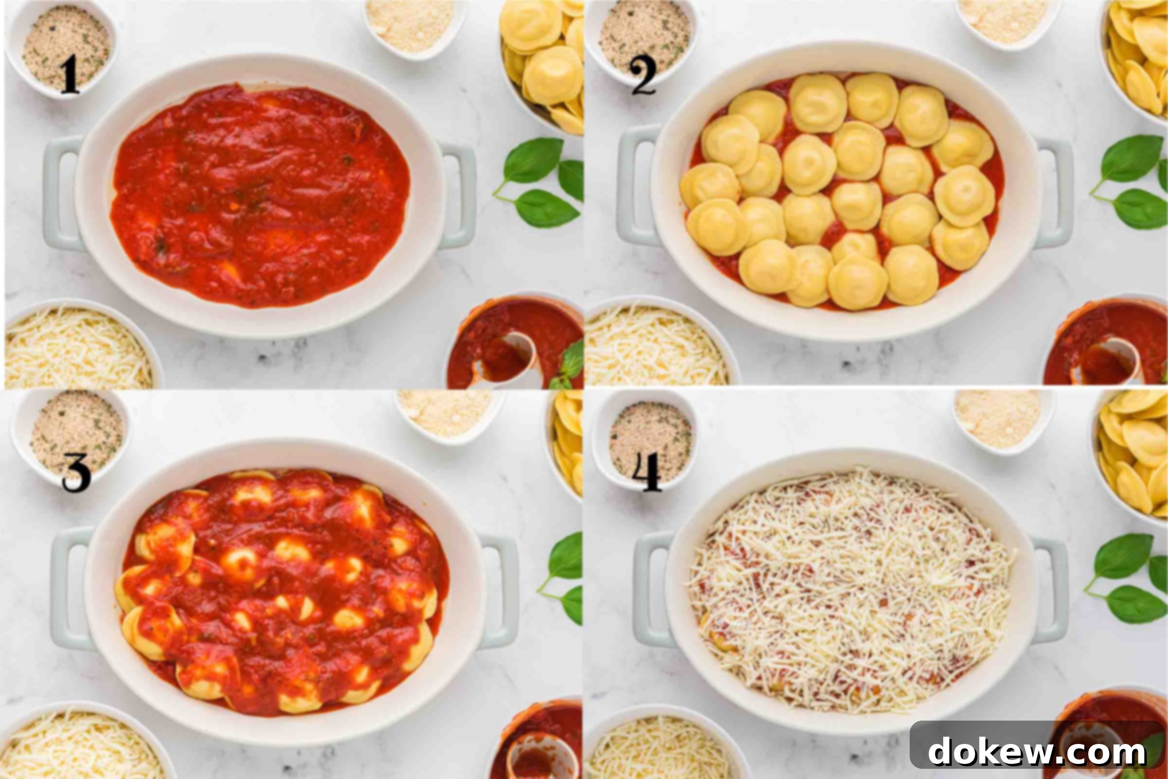 Skip The Boil Baked Frozen Ravioli 4 Composite image showing four steps: 1 - marinara sauce in a baking dish; 2 - frozen ravioli layered on sauce; 3 - more marinara on ravioli; 4 - shredded mozzarella covering the sauce.