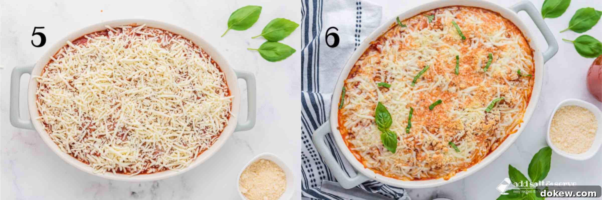 Skip The Boil Baked Frozen Ravioli 5 Composite image: 5 - Baked frozen ravioli casserole before baking, showing layers of pasta, sauce, and cheese; 6 - Baked Frozen ravioli casserole after baking, golden and bubbly, garnished with fresh basil.