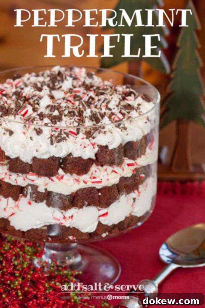 Peppermint Trifle Layored peppermint trifle with serving spoon and Christmas decorations and text Peppermint Trifle with Add Salt & Serve logo