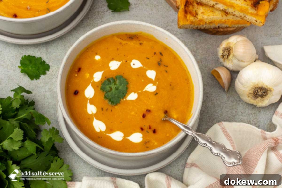 Sunshine Ginger Root Soup 2 Bowls of carrot sweet potato soup beside a cutting board with grilled cheese sandwiches with garlic bulbs and parsley to the side.