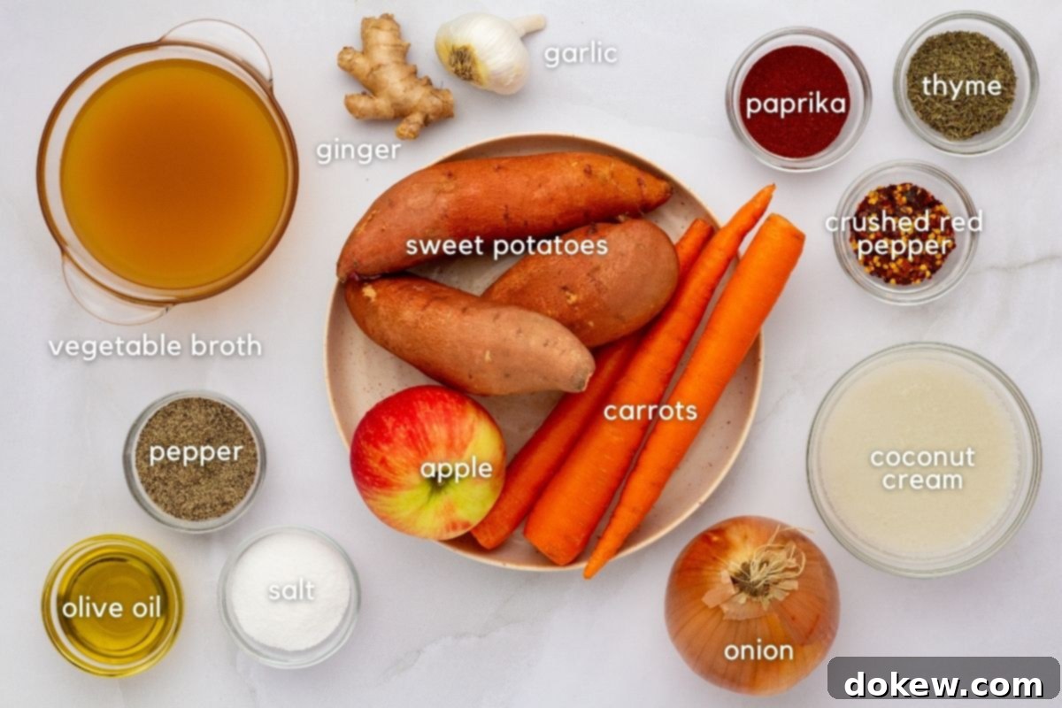 Sunshine Ginger Root Soup 3 Ingredients for Carrot, Sweet Potato & Ginger Soup: vegetable broth, ginger, garlic, paprika, thyme, crushed red pepper, oil, salt, pepper, onion, coconut cream, apple, carrot, and sweet potato.