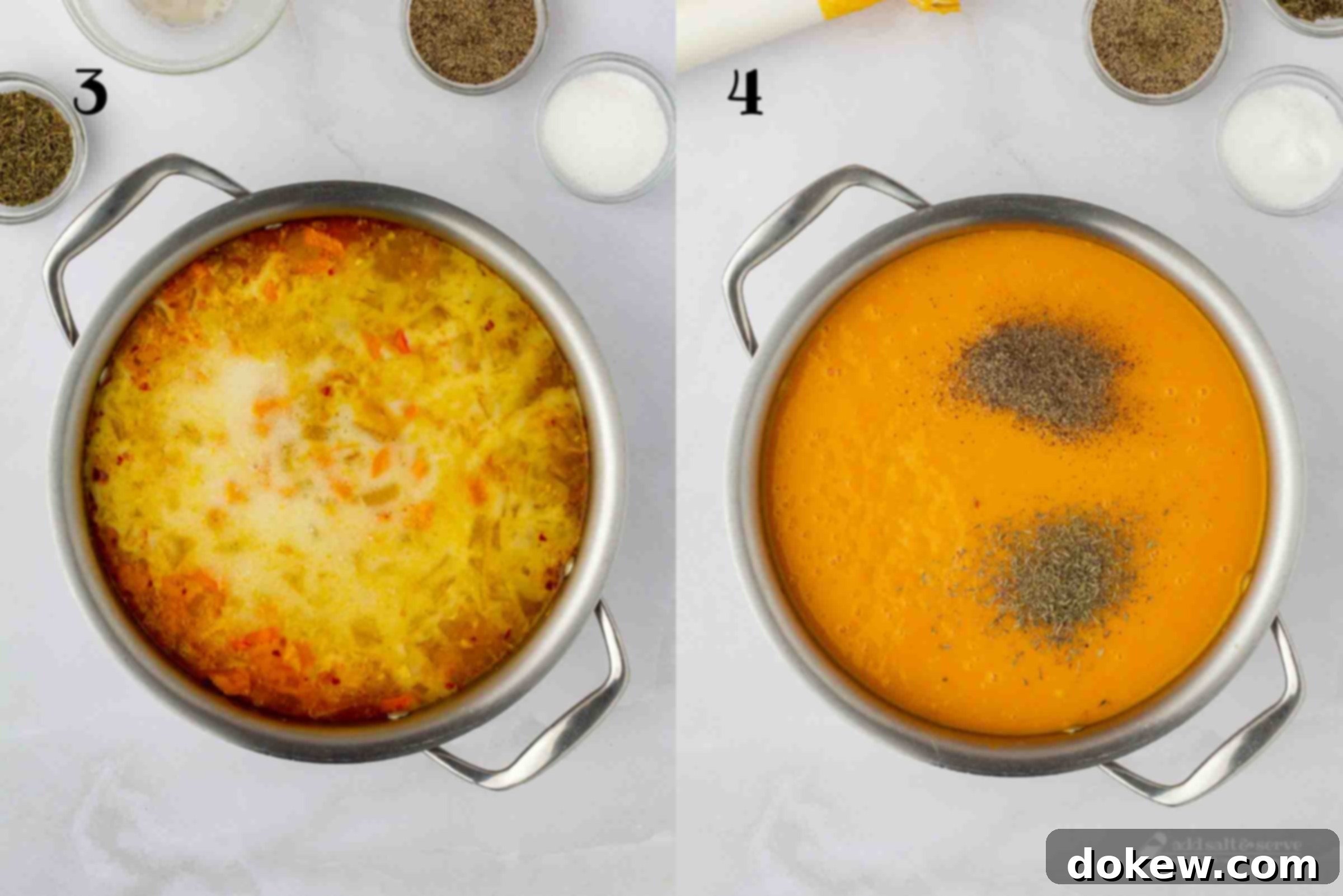 Sunshine Ginger Root Soup 5 Composite image: 3 - soup pot with carrot, sweet potato, apple, and onion after adding coconut cream and vegetable broth; 4 - same pot after using an immersion blender to blend the vegetables and adding thyme, pepper, and salt.