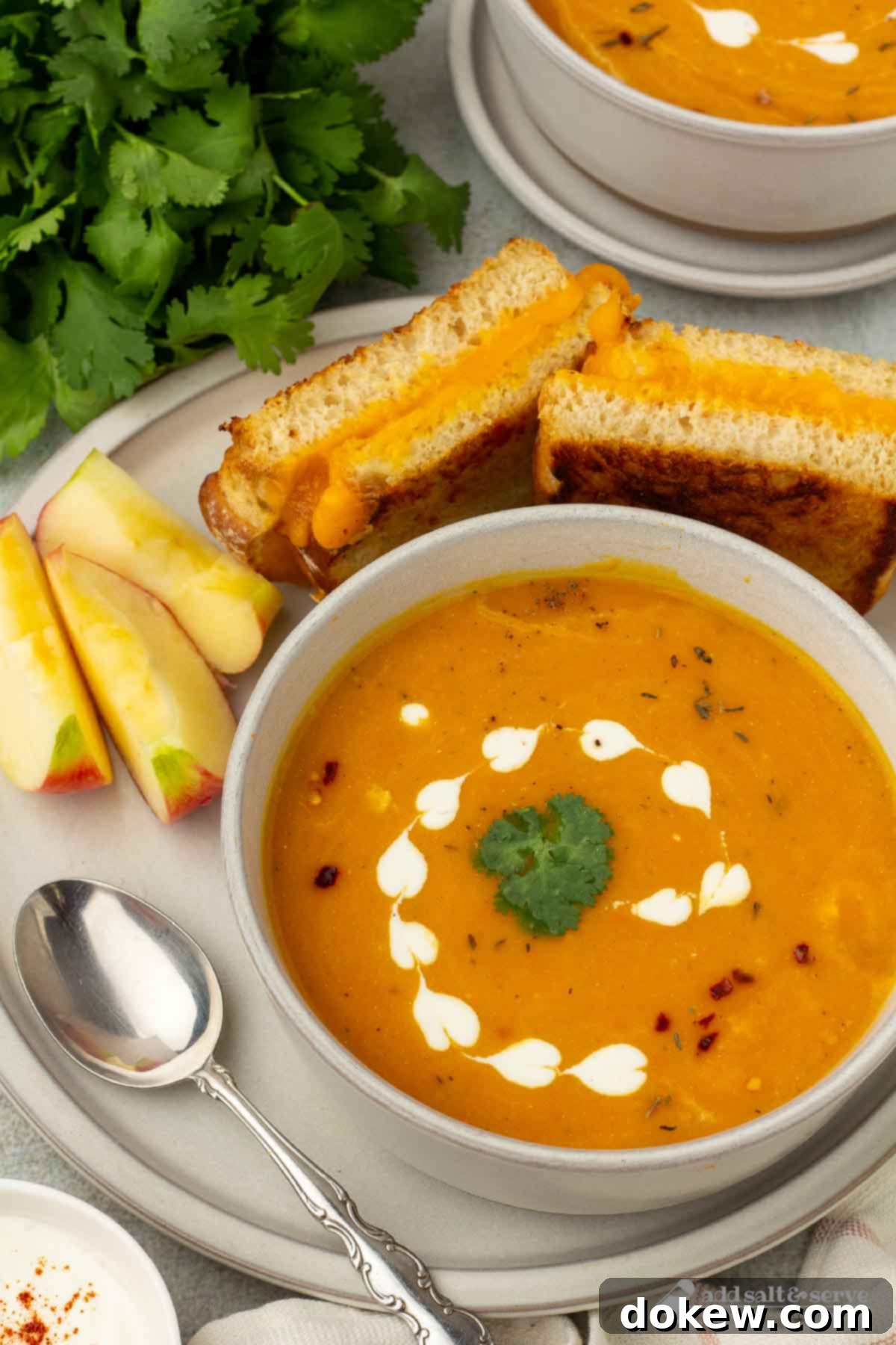 Sunshine Ginger Root Soup 6 Bowl of carrot sweet potato soup on a plate with apple slices and a grilled cheese sandwich.