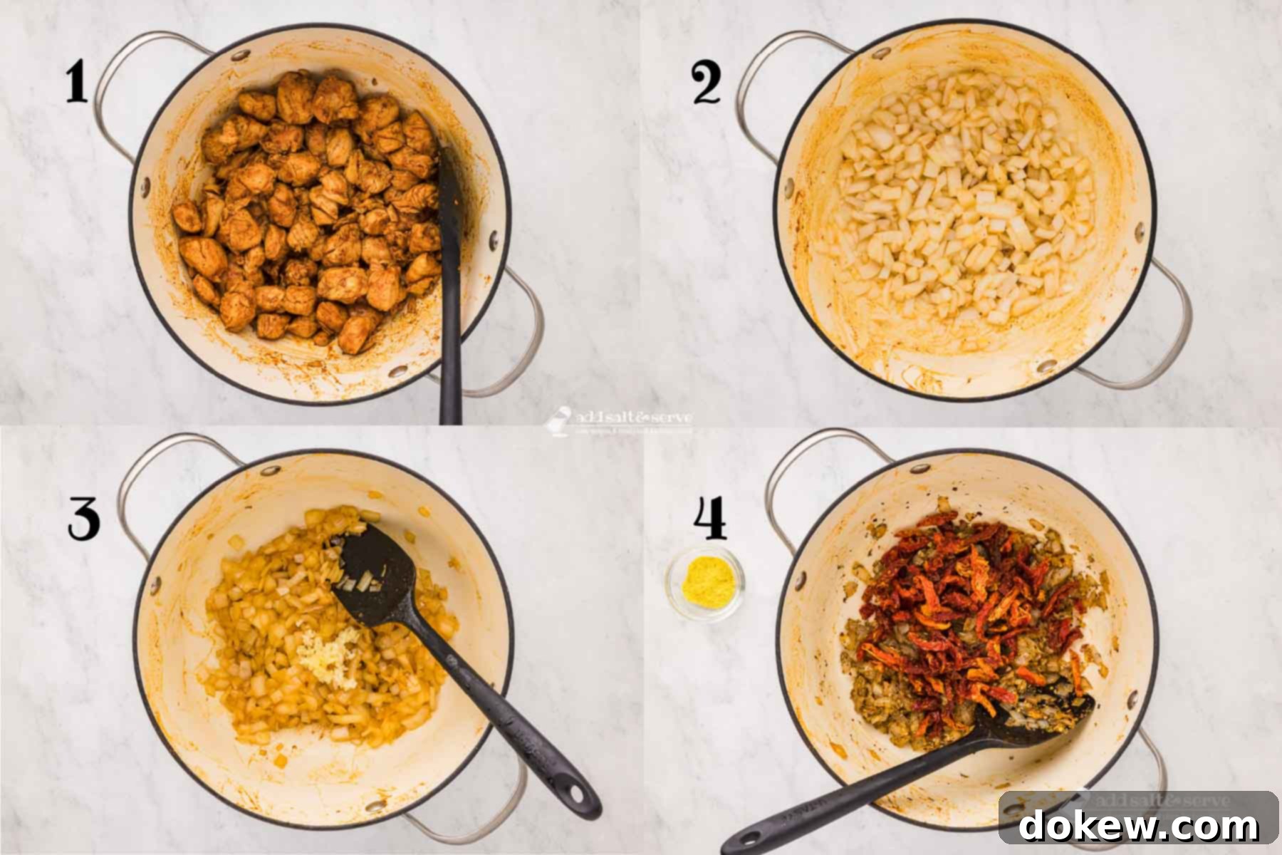 Tuscan Sunset Chicken 4 A four-panel composite image showcasing the initial cooking steps for Creamy Tuscan Chicken: 1) Cubed, seasoned chicken sautéing to golden perfection in a Dutch oven, 2) Finely chopped yellow onion becoming translucent in the same pot after the chicken is removed, collecting flavorful brown bits, 3) Minced garlic added to the softened onions, infusing the base with aroma, and 4) Fragrant Italian seasoning, red pepper flakes, and tangy sun-dried tomatoes being stirred into the cooked onions and garlic, creating a rich aromatic foundation.