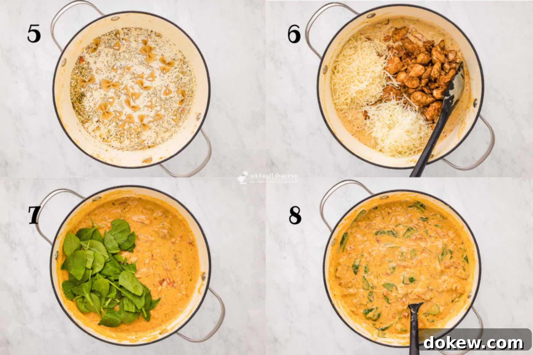 Tuscan Sunset Chicken 5 A four-panel composite image illustrating the final stages of cooking Creamy Tuscan Chicken: 5) A Dutch oven filled with cooked onions, seasoned peppers, mini farfalle, cream, and chicken broth, simmering to perfection, 6) The same pot with the return of the cooked chicken and the addition of generous amounts of shredded Gruyère and Parmesan cheeses, creating a rich and bubbly sauce, 7) Fresh, vibrant spinach leaves being gently stirred into the creamy mixture, wilting beautifully, and 8) The finished pot of Creamy Tuscan Chicken, a hearty and flavorful dish ready to be served, showcasing its vibrant colors and creamy texture.