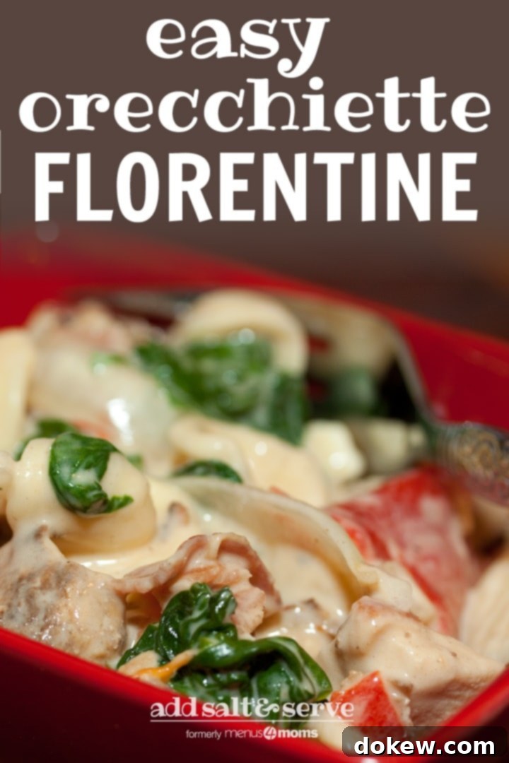 easy-orecchiette-florentine-pin-min Red square bowl with orecchiette pasta, sliced onion, chopped bacon, roasted bell peppers, cooked spinach, and Alfredo sauce. There is a fork in the bowl. Text Easy Orecchiette Florentine Add Salt & Serve formerly menus4moms