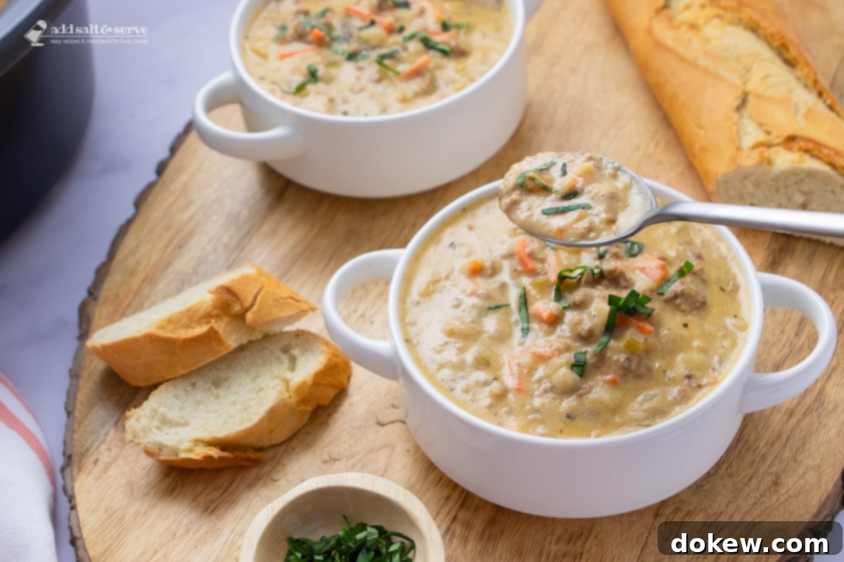 Creamy Crockpot Cheeseburger Soup 2 Two bowls of cheeseburger soup in white crocks garnished with fresh basil strips beside basil strips in a small bowl and slices of fresh baguette.