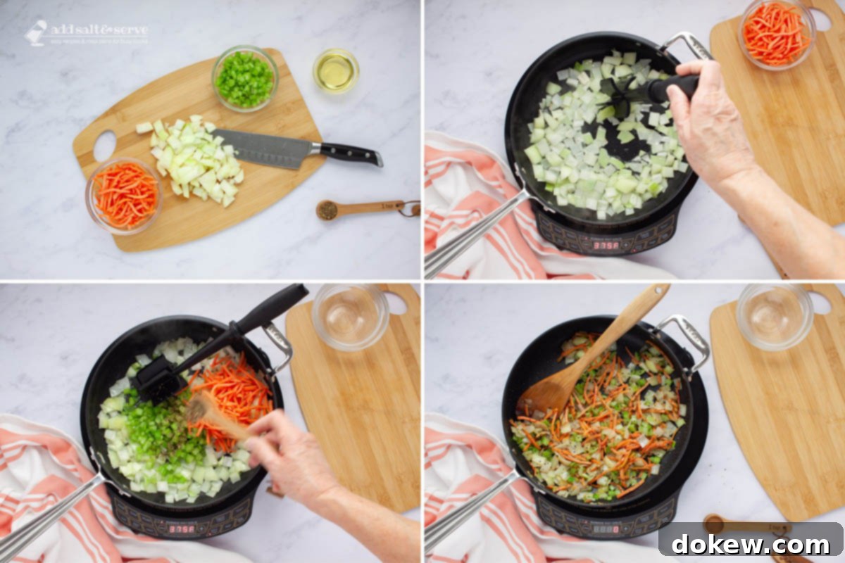 Creamy Crockpot Cheeseburger Soup 4 Composite image - 1: chopped onion on a cutting board with diced celery and shredded carrots, 2: onion sautéing in a skillet, 3: the skillet after adding celery and carrot to the onion and dried basil being sprinkled in; 4: after the vegetables have been sautéed until tender.