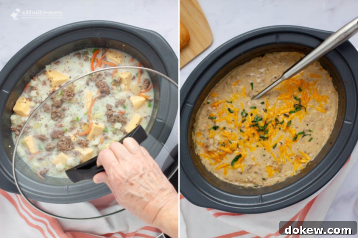 Creamy Crockpot Cheeseburger Soup 6 Composite image - left is a crockpot with all the ingredients for Cheeseburger Soup with the lid being put on; right is the soup after cooking and garnishing with shredded cheddar cheese and fresh basil strips.