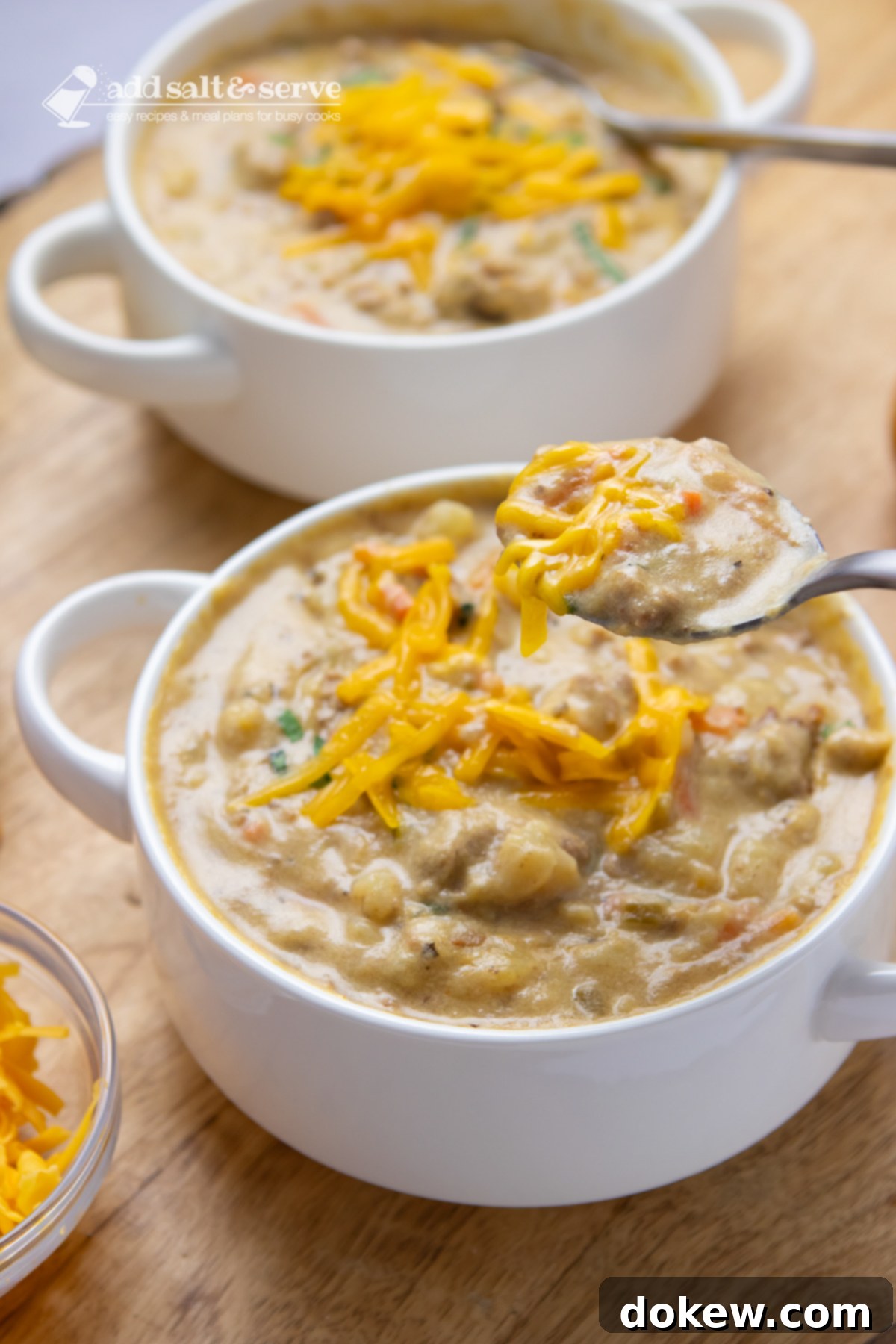 Creamy Crockpot Cheeseburger Soup 7 Two bowls of cheeseburger soup in white crocks garnished with shredded cheddar cheese and fresh basil strips with a closeup of a spoonful of the soup lifted above the bowl.