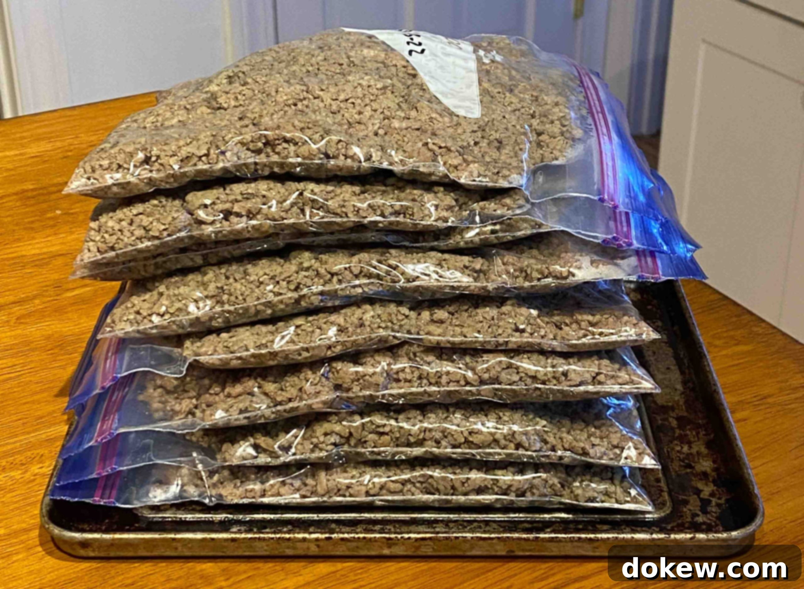 Creamy Crockpot Cheeseburger Soup 8 Stack of flat bags of cooked ground beef.