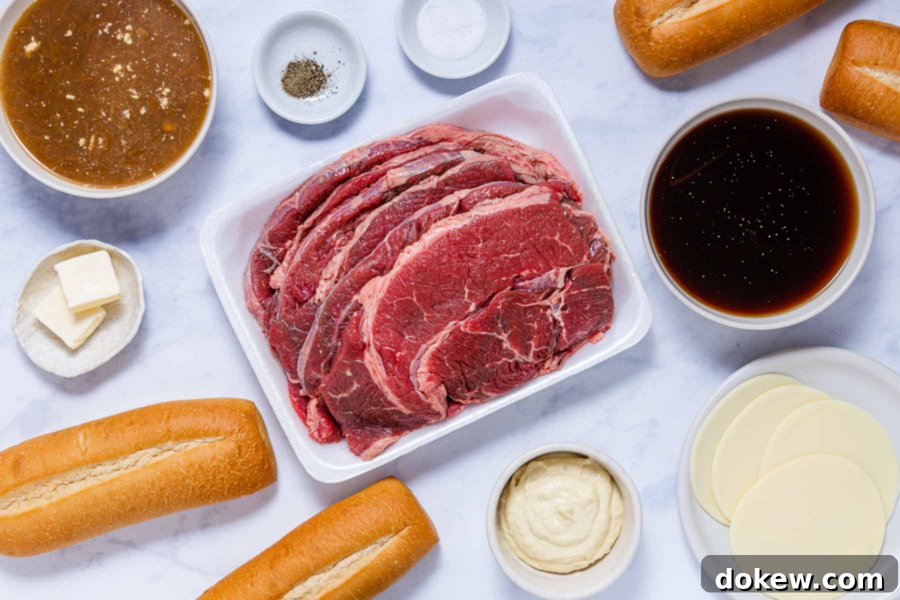 Easy Crockpot French Dip Tender Beef and Flavorful Au Jus 3 Ingredients for French Dip Sandwiches: French onion soup, beef consommé, hoagie rolls, salt, pepper, mayonnaise, provolone cheese, butter, and sliced chuck roast laid out on a wooden board.