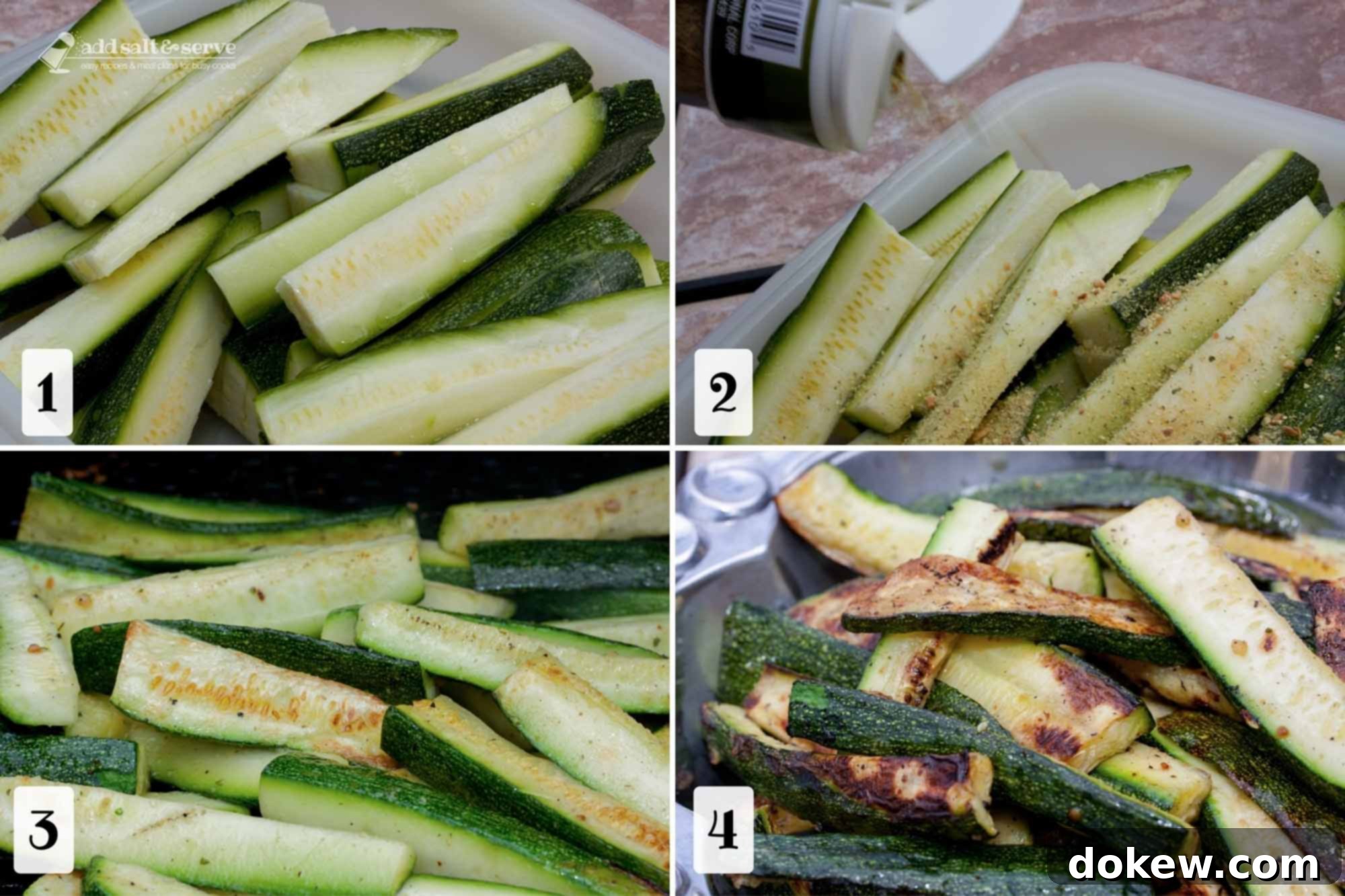 Chargrilled Zucchini Perfection 3 A four-panel composite image illustrating the steps for grilling zucchini: 1- sliced zucchini in a container; 2- zucchini being seasoned; 3- zucchini grilling on a barbecue; 4- finished grilled zucchini in a serving bowl.