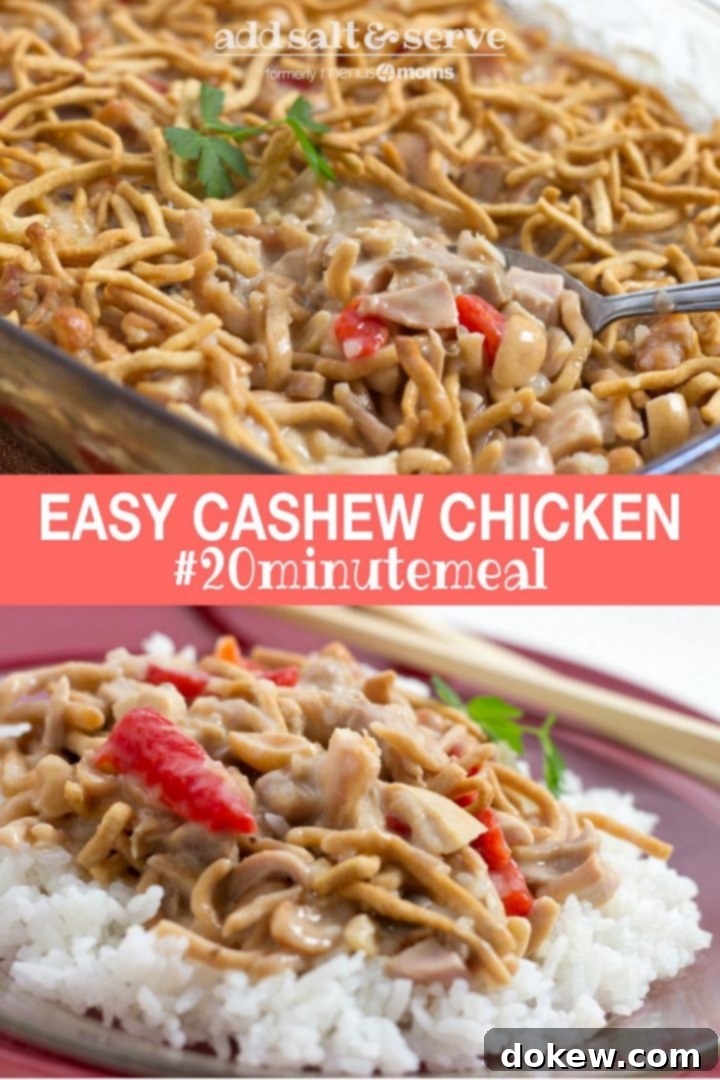 easy-cashew-chicken-pin Chopped chicken with red peppers and mushrooms in a creamy sauce over white rice and garnished with chow mein noodles and text Easy Cachew Chicken #20minutemeal