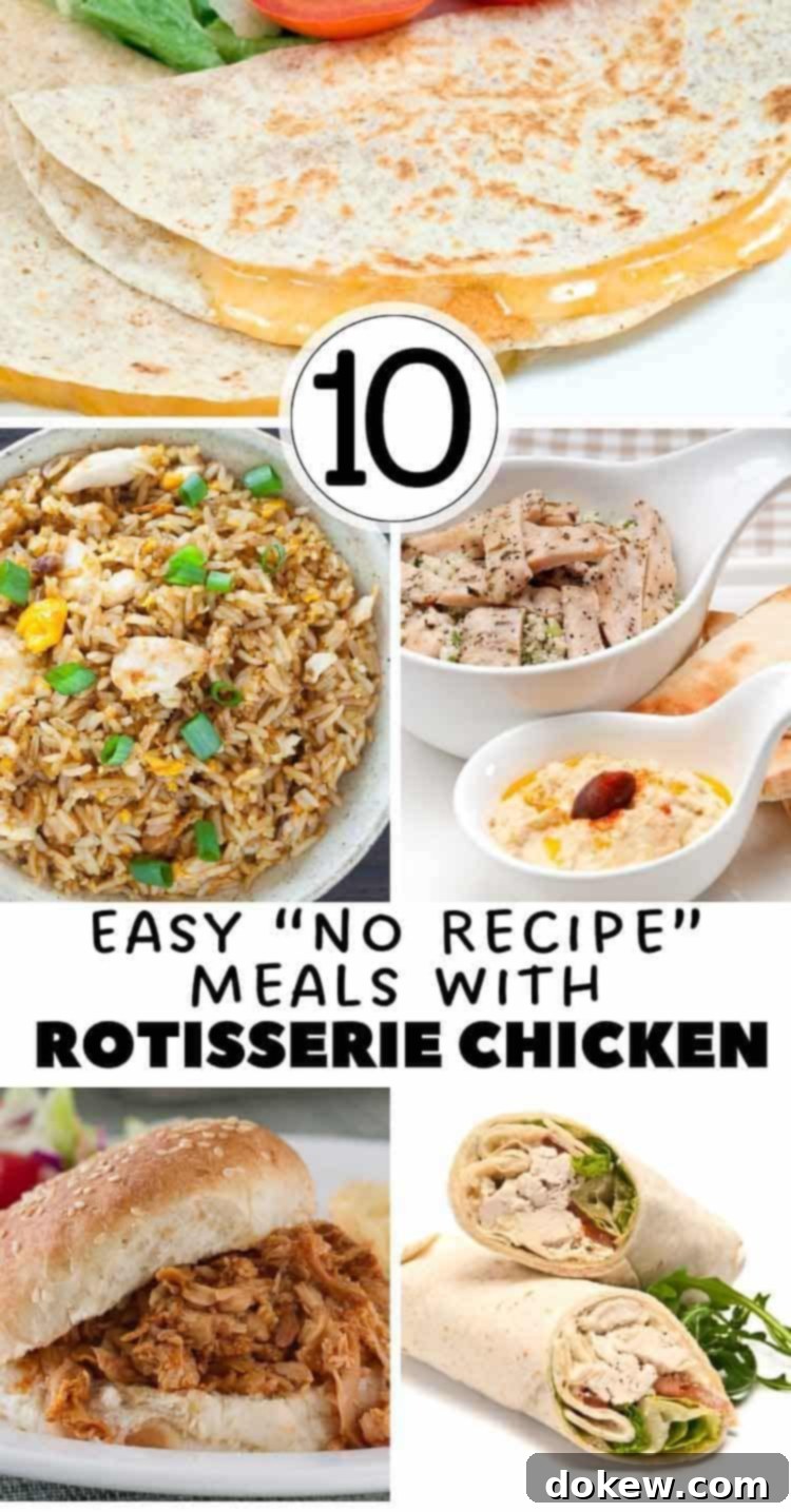 Weeknight Wins: Quick Meals with Rotisserie Chicken 4 10 easy no-recipe meals with rotisserie chicken: fried rice, chicken and hummus pitas, barbecue chicken sandwiches, shredded chicken wraps.