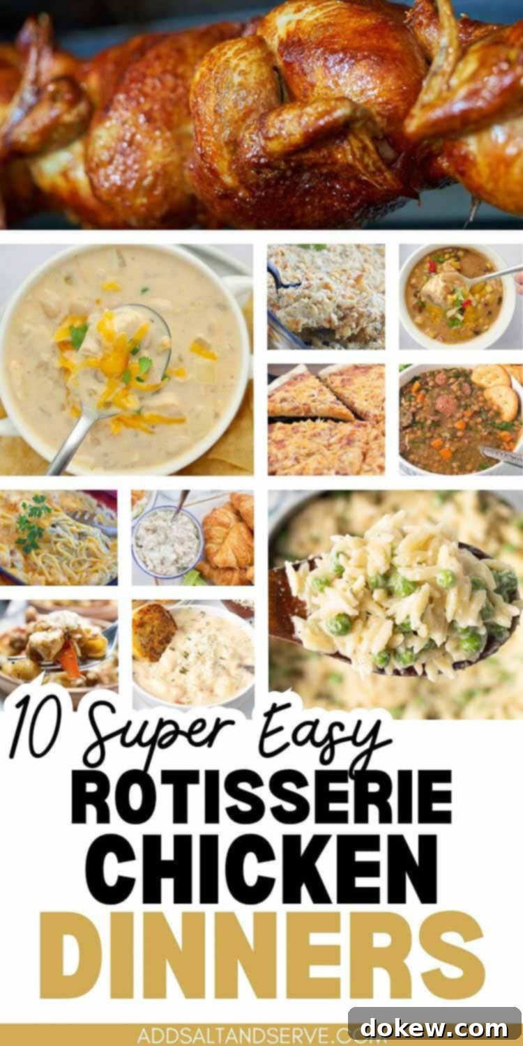 Weeknight Wins: Quick Meals with Rotisserie Chicken 5 10 super easy rotisserie chicken dinners; photos of chicken enchilada soup, poppy seed chicken, white chicken chili, barbecue chicken pizza, lentil soup, cheddar chicken spaghetti, chicken salad croissants, orzo alfredo, mediterranean chicken and pasta, and chicken and gnocchi soup.