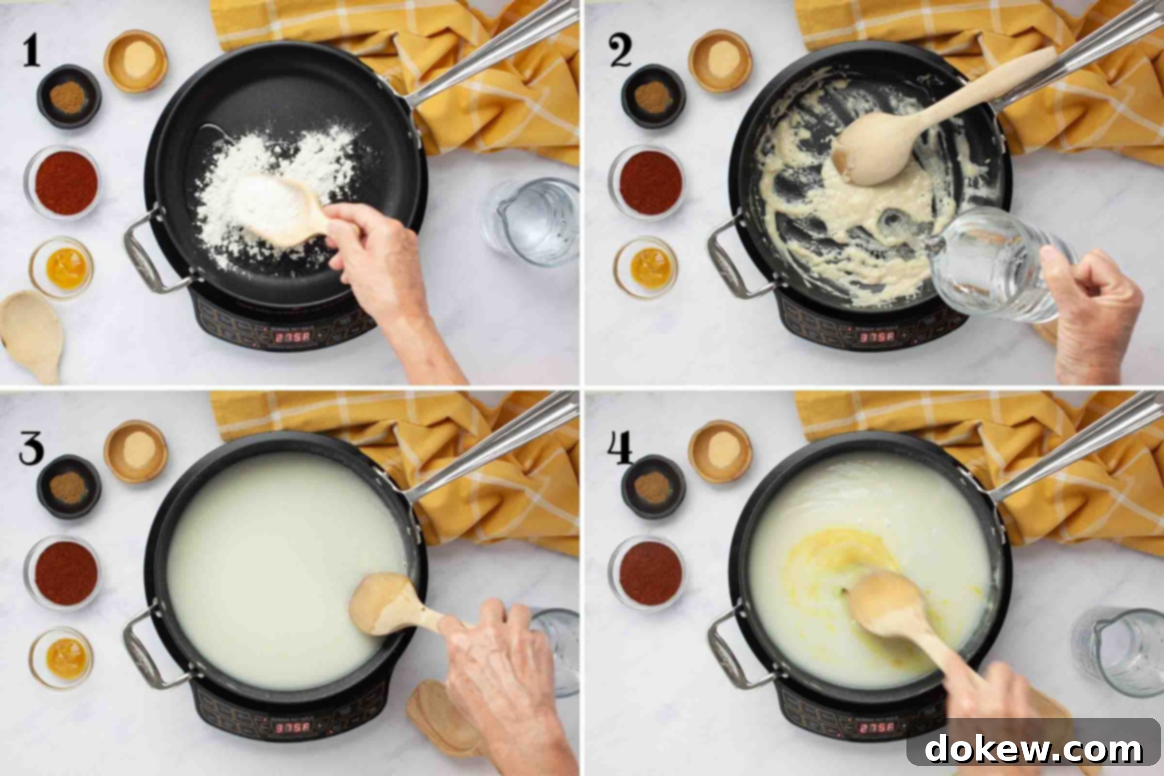 Simple Stacked Chicken Enchilada Casserole 4 A four-panel composite image illustrating the process of making homemade enchilada sauce: 1) combining flour and oil to form a roux; 2) adding water to the cooked roux; 3) the sauce beginning to thicken; 4) incorporating chicken base for depth of flavor.