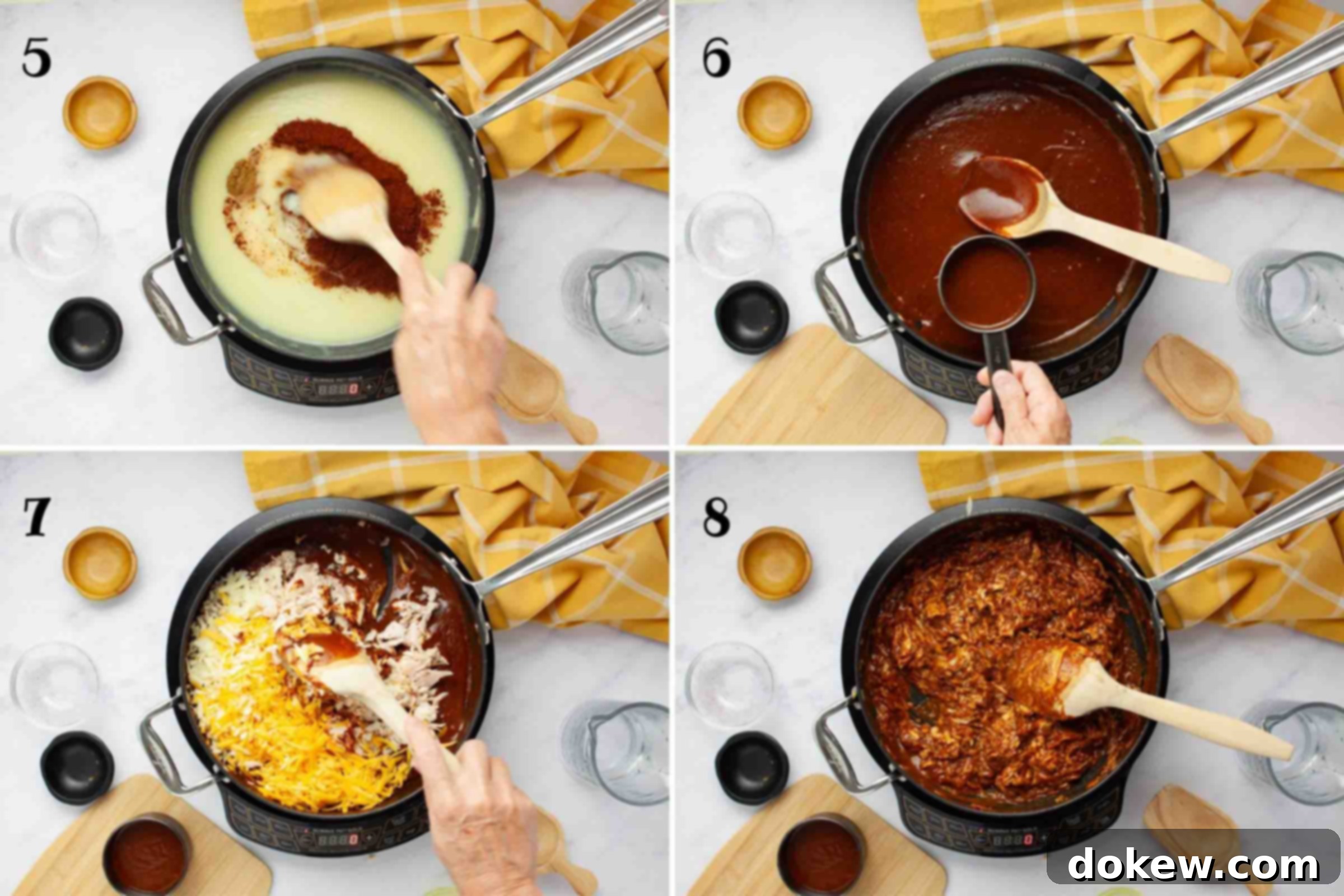 Simple Stacked Chicken Enchilada Casserole 5 Another four-panel composite image showing the final stages of enchilada sauce preparation: 5) adding chili powder, cumin, and garlic powder to the prepared sauce; 6) setting aside ½ cup of the finished sauce for topping; 7) mixing shredded rotisserie chicken and cheese into the majority of the sauce; 8) stirring until the chicken and cheese are uniformly coated in the rich sauce.
