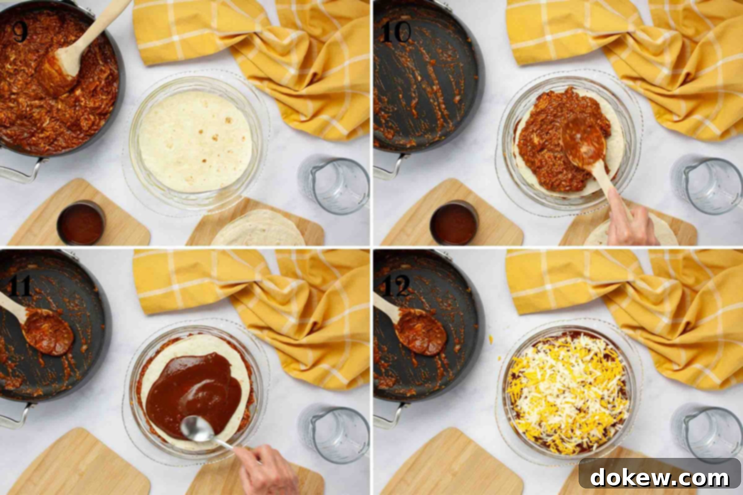 Simple Stacked Chicken Enchilada Casserole 6 A four-panel composite illustrating the layering process of the chicken enchilada bake: 9) placing the first flour tortilla in a prepared pie plate; 10) spreading half of the chicken and sauce mixture over the tortilla, then adding another tortilla and spreading the remaining chicken mixture; 11) topping with the final tortilla and pouring the reserved sauce; 12) generously sprinkling with the remaining shredded cheese.